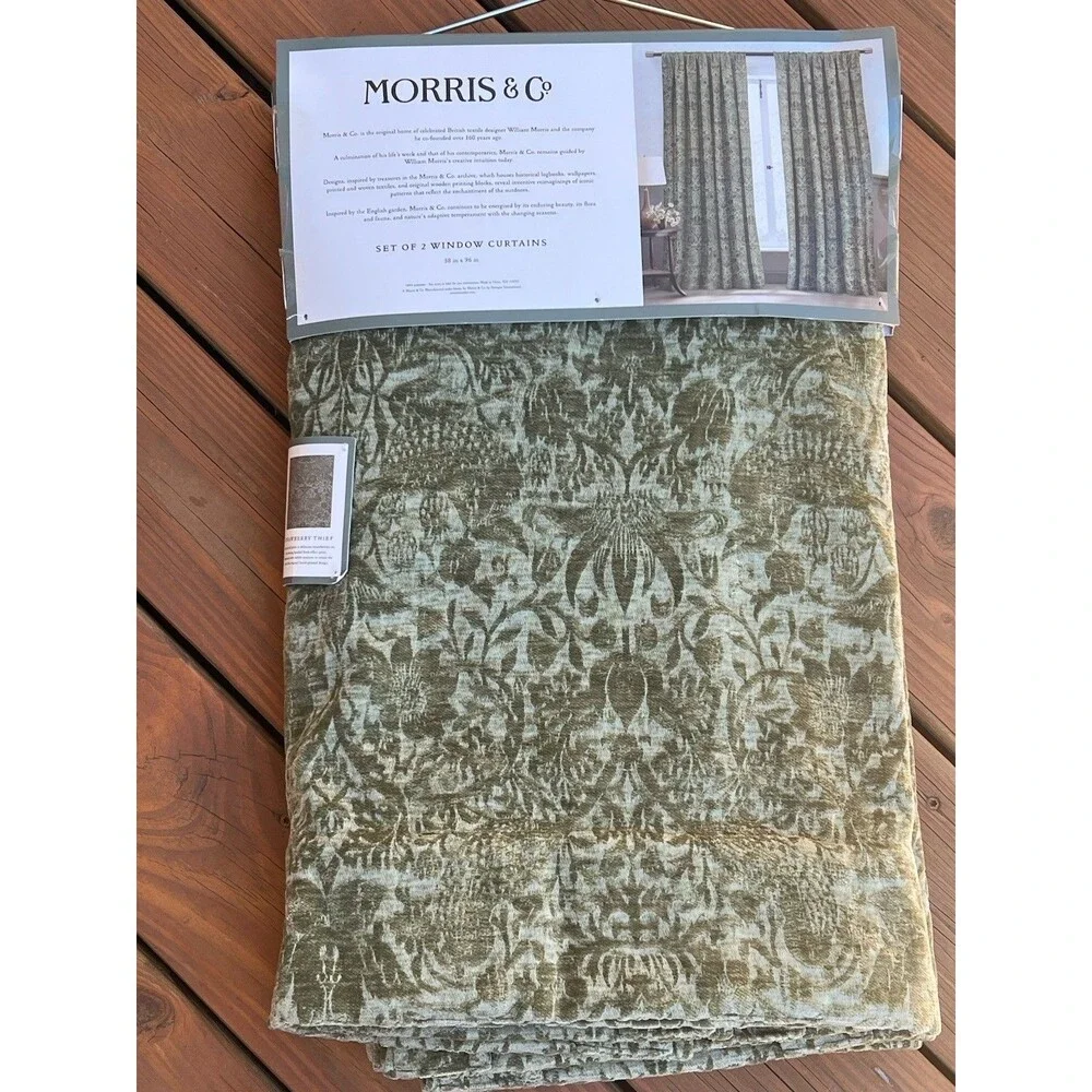 William Morris Window Curtains Panels 38X96 Strawberry Thief Green Embossed New